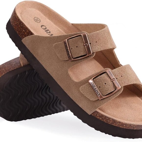 Women Suede Sandals Cork Footbed Summer Slides Adjustable Buckle 9 - Picture 3 of 8